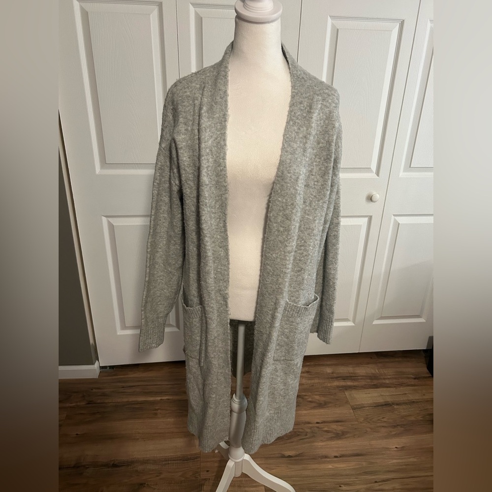 LOFT Light Gray Open-Front Long Cardigan